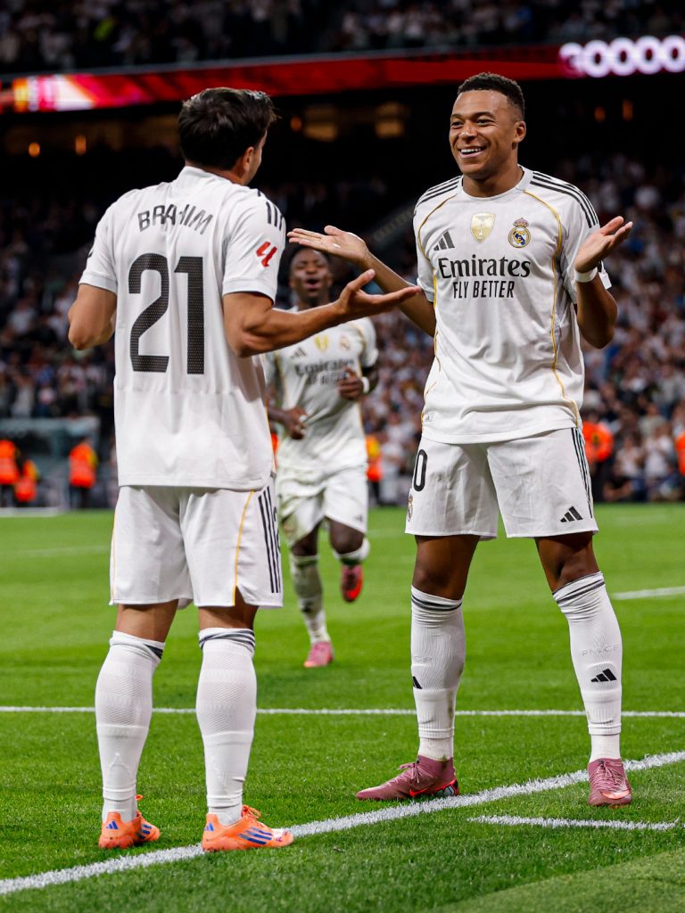 Kylian Mbappe celebrates after scoring against Villarreal with teammate Brahim Diaz (Photo Credit: Real Madrid X handle)