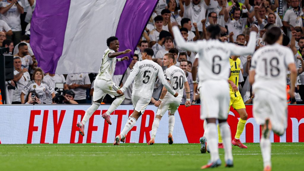 Vinicius jr celebrates after scoring against Villarreal with teammates (Photo Credit: Real Madrid X handle)