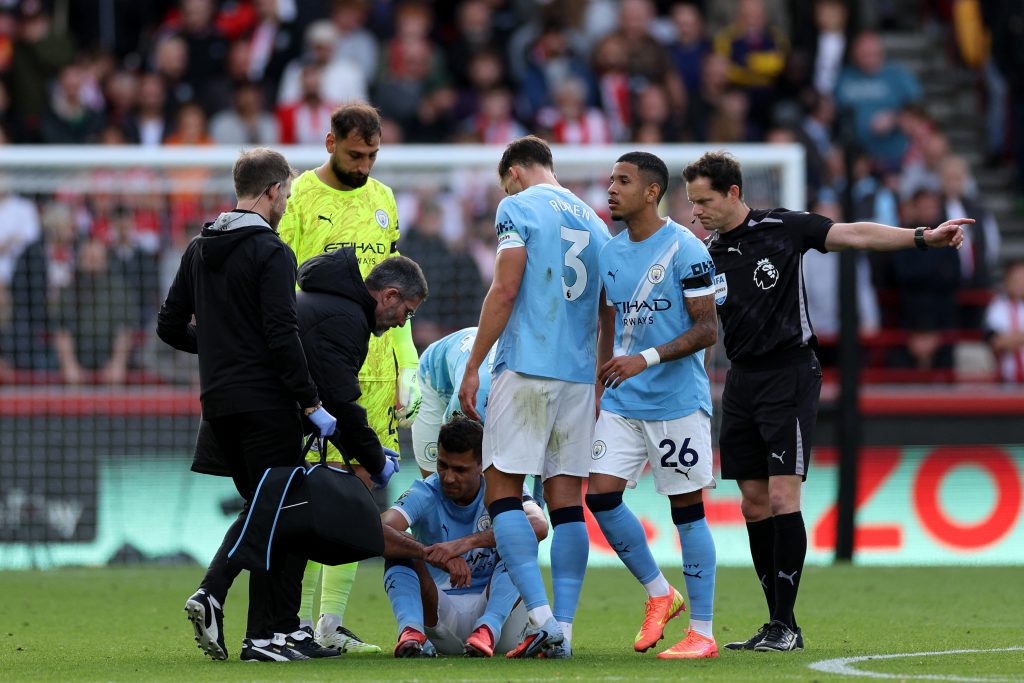 Rodri receiving treatment from Manchester City medical staff (Photo Credit: Premier league X handle)