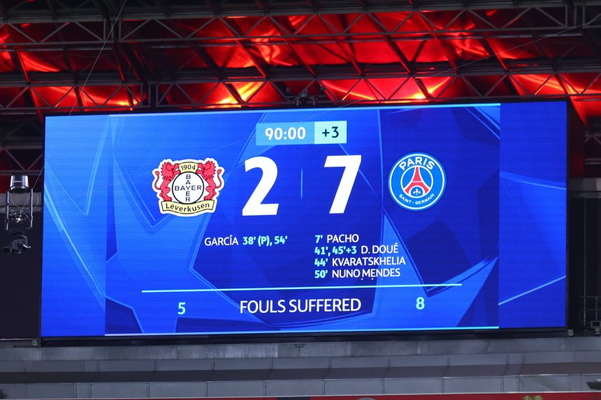 PSG scoreboard against Bayer Leverkusen (Photo Credit: PSG X handle)