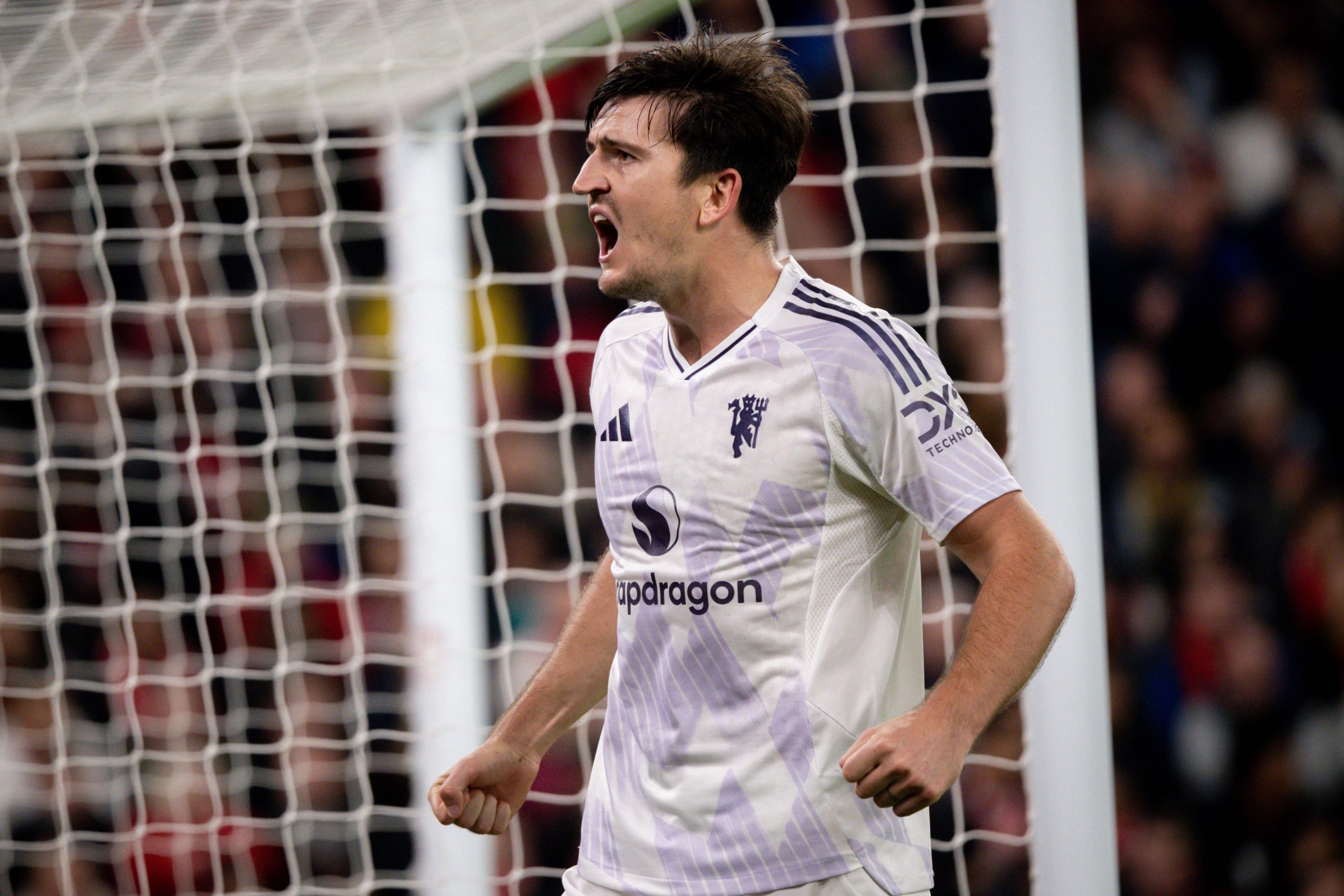 Harry Maguire celebrates scoring the winner for Manchester United against Liverpool (Photo Credit: Manchester United X handle)