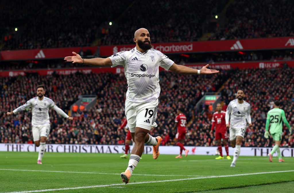 Bryan Mbeumo celebrates scoring for Manchester United against Liverpool (Photo Credit: Manchester United X handle)