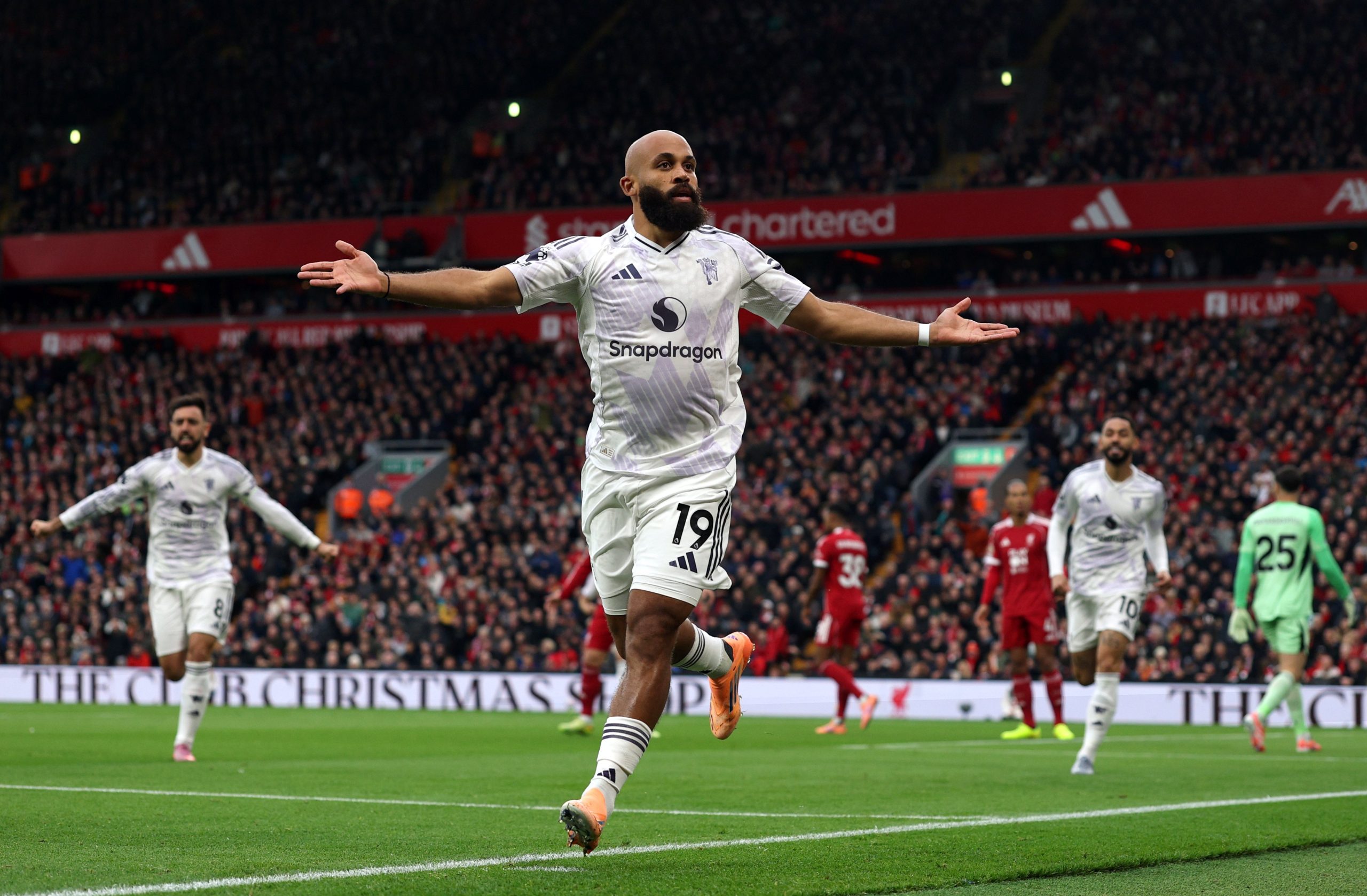 Bryan Mbeumo celebrates scoring for Manchester United against Liverpool (Photo Credit: Manchester United X handle)