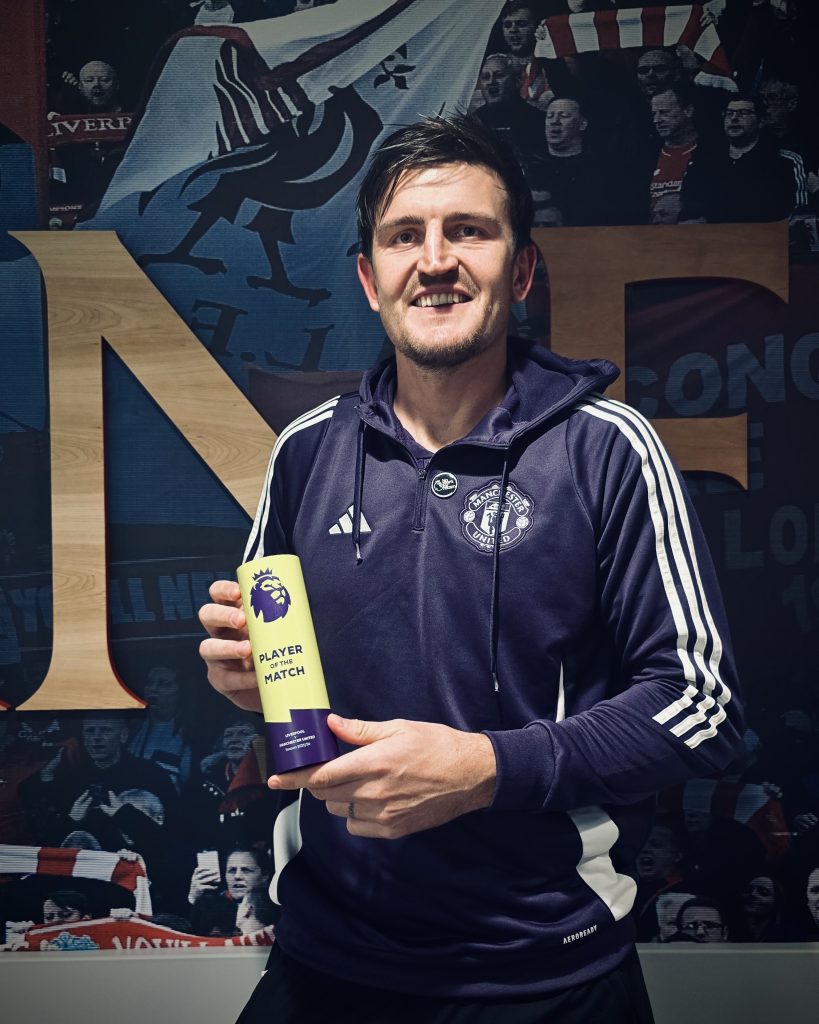 Harry Maguire with his Man of the Match award after the game (Photo Credit: Manchester United X handle)