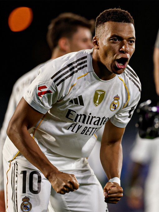 Kylian Mbappé celebrates his winner. (Photo Credit: Real Madrid via X)