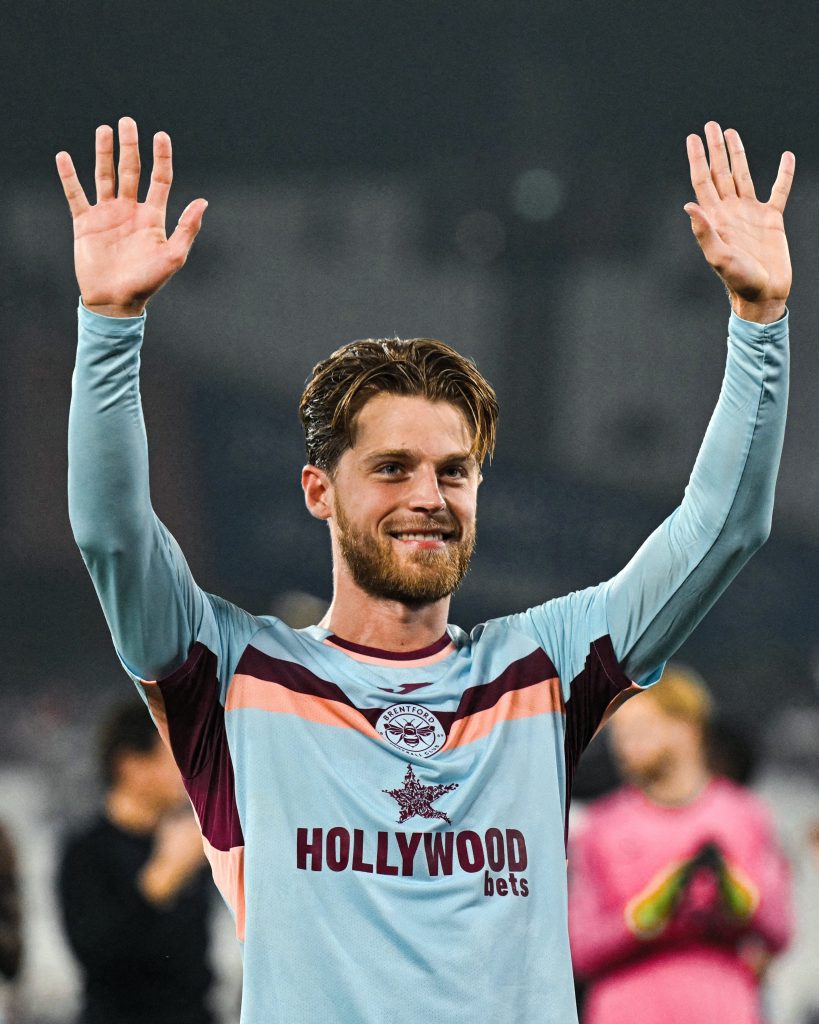 Mathias Jensen after full time whistle (Photo Credit: Brentford X handle)
