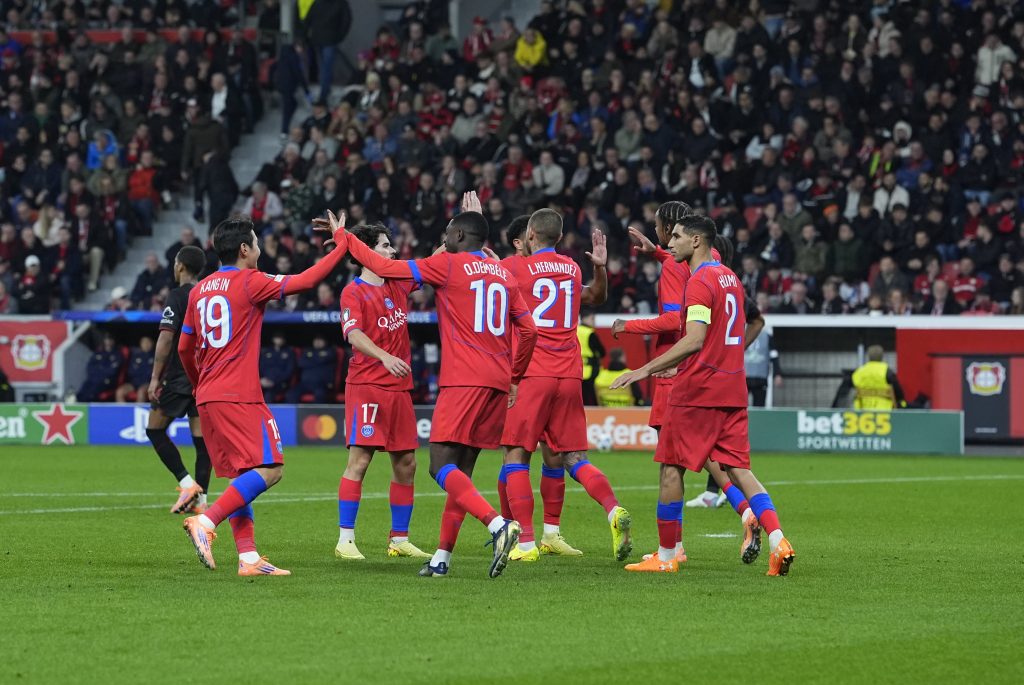 PSG players celebrate after scoring against Bayer leverkusen (Photo Credit : PSG X handle )