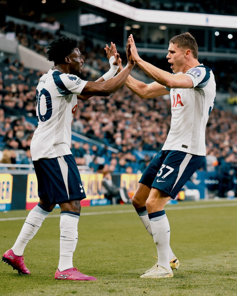 Mohammed Kudus and Micky Van der Ven   both celebrate after scoring (Photo Credit: Tottenham X handle)