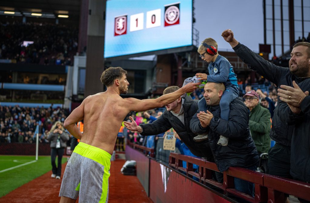 Manchester City's Captain Ruben Dias greeting the fans  and thanking them for their support after the game (Photo Credit: Manchester City X handle)