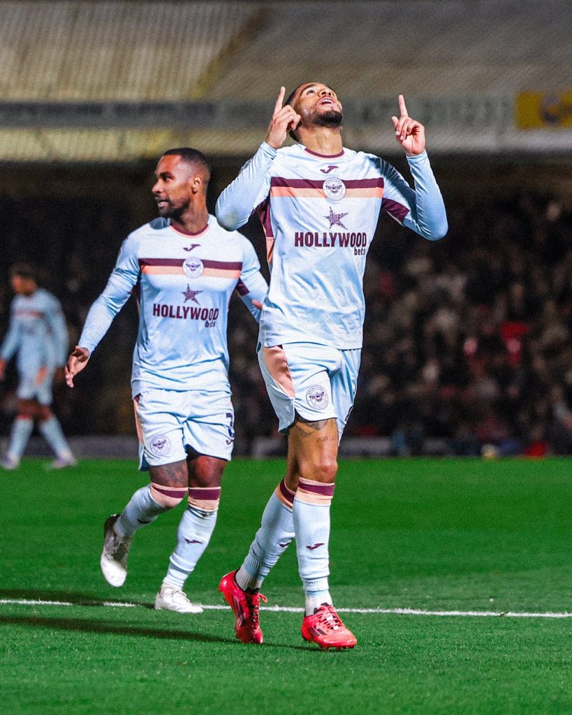 Brentford player Reiss Nelson celebrate after scoring a goal (Photo Credit: Brentford X handle)