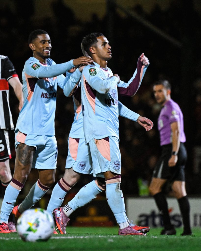 Brentford player Reiss Nelson celebrate after scoring a goal (Photo Credit: Brentford X handle)