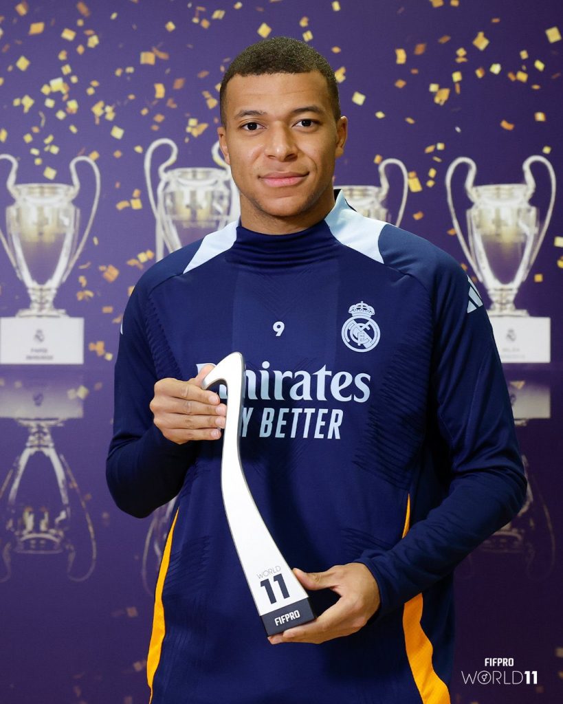 Kylian Mbappe with the fifpro award (Photo Credit: Real Madrid X handle)