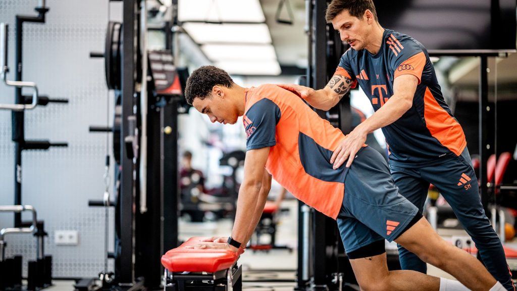 Jamal Musiala working hard in the gym. Photo Credit: Bayern Munich Media.