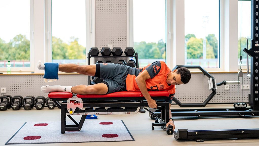 Jamal Musiala working hard in the gym. Photo Credit: Bayern Munich Media.