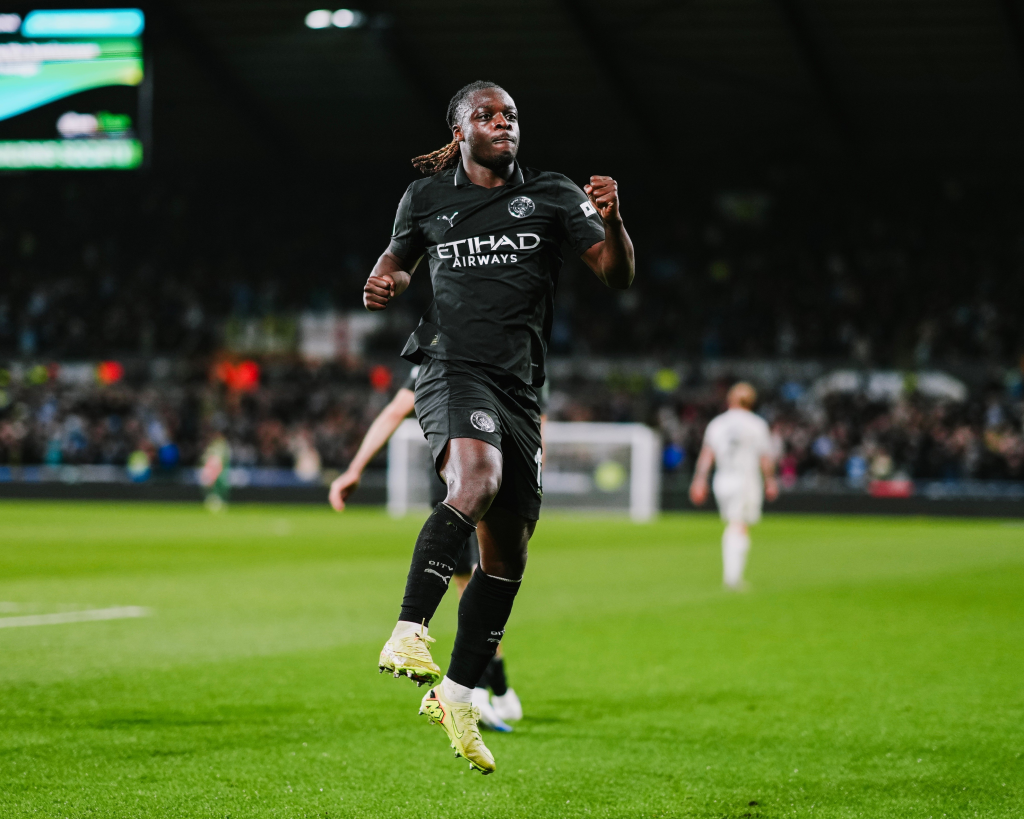 Jeremy Doku celebrates his equaliser for Manchester City against Swansea City (Photo Credit: City Media)