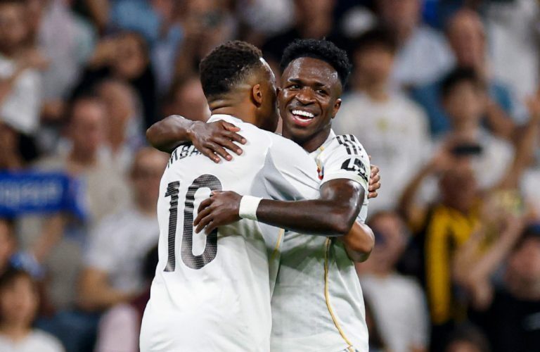 Kylian Mbappe celebrates with teammate Vinicius jr (Photo Credit: Real Madrid X handle)