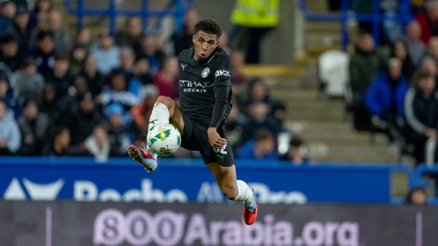 Rico Lewis has reach his 100th appearance for Manchester City. (Photo credit: Manchester City website.)