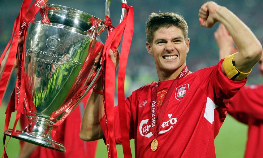 Steven Gerrard during his time at Liverpool wins the 2005 UCL (Photo Credit: Liverpool website)