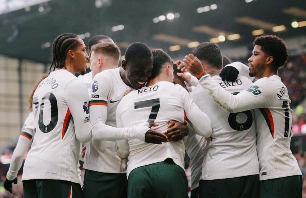 Chelsea players celebrate a goal against Burnley. (Photo Credit: Chelsea Media).