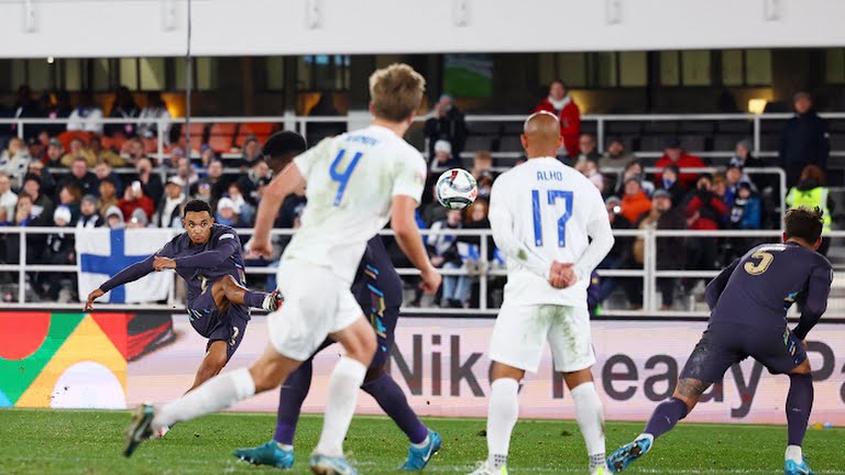 England's Trent Alexander-Arnold scores their second goal from a free kick - Photo Credit : Reuters
