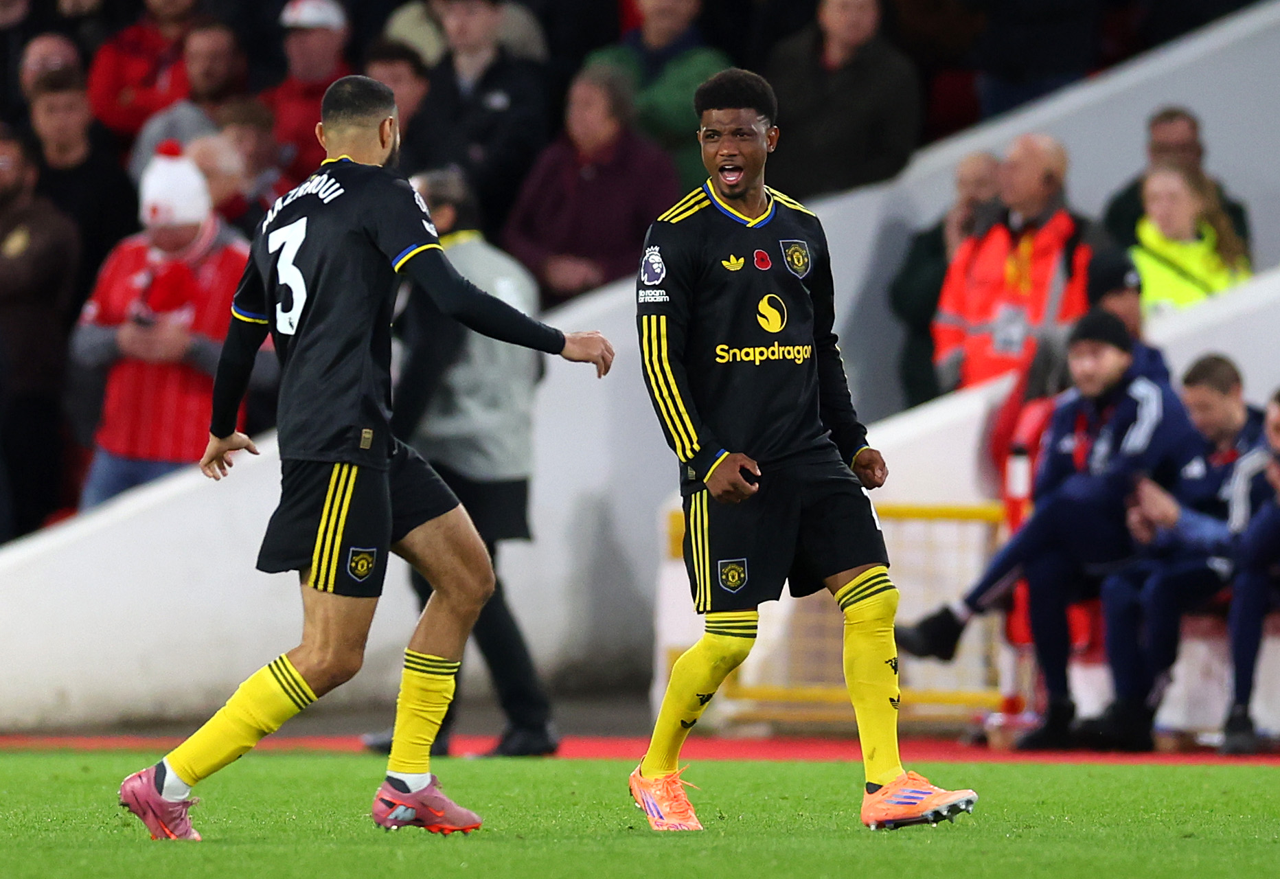 Manchester united player Amad Diallo celebrates with teammate after scoring the equalizer to make it 2-2 (Photo Credit: Manchester united X handle)