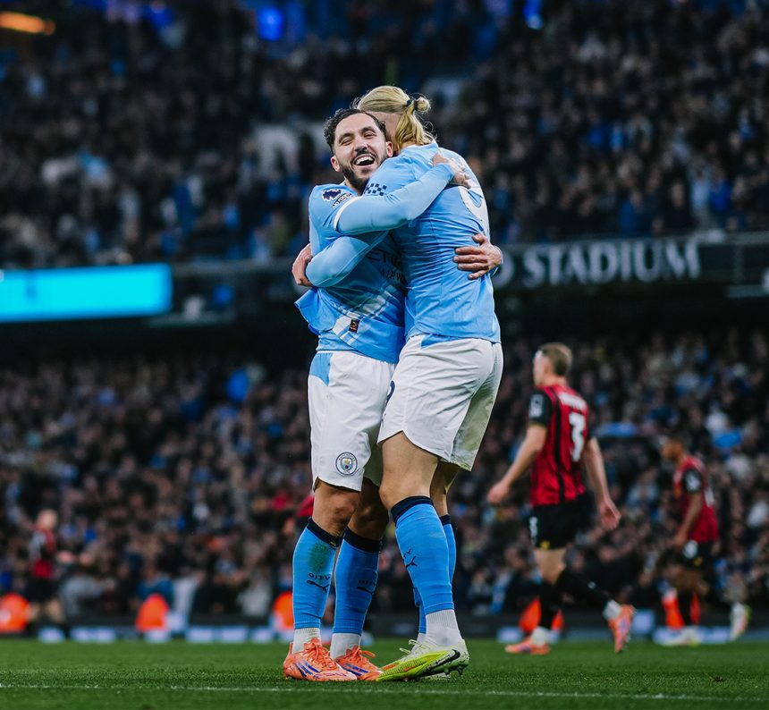 Erling Haaland and Ryan Cherki celebrate after scoring (Photo Credit: Manchester City X handle)