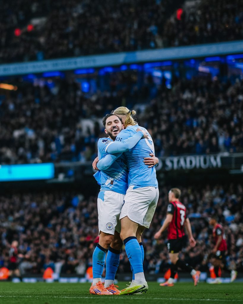 Erling Haaland and Ryan Cherki celebrate after scoring  (Photo Credit: Manchester City X handle)