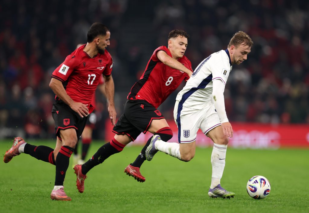 Jarrod bowen battles it out againsst Albania players (Photo Credit: England via X)