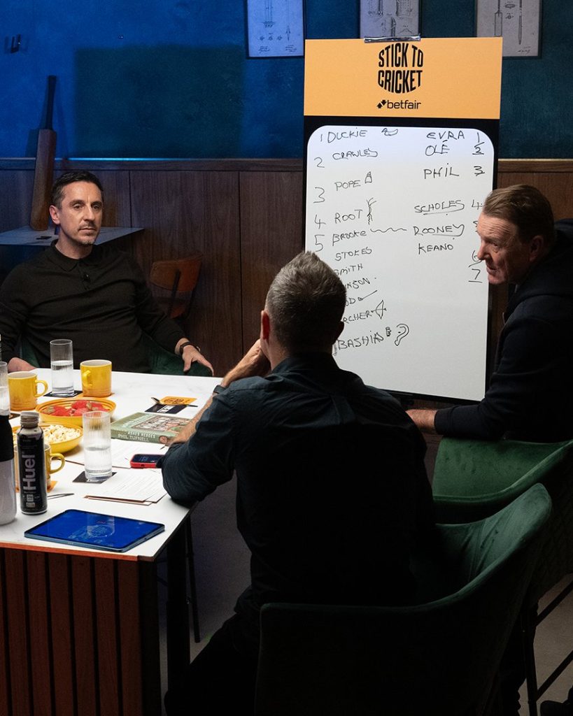 Gary Neville, Michael Vaughan and Phil Tufnell in a podcast session (Photo Credit: Stick to Cricket via X)