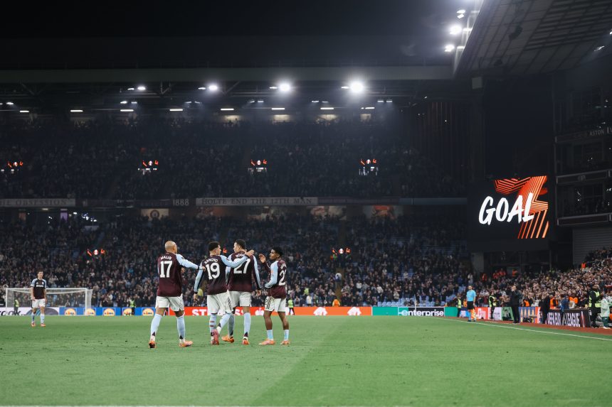Aston Villa players celebrate after scoring their first goal (Photo Credit: Aston Villa via X)