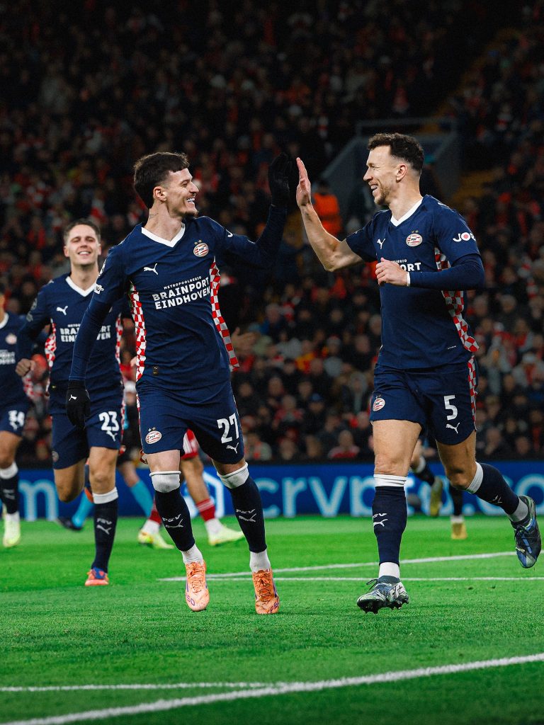 Ivan Perisic celebrating his goal against Liverpool (Photo Credit: PSV via X)