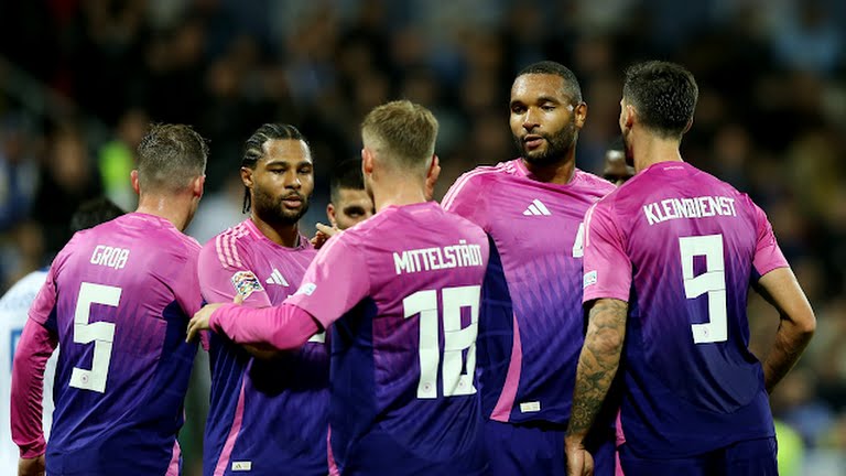 Germany's Serge Gnabry celebrates with teammates after Deniz Undav scores their third goal before it is disallowed after a VAR review - Photo Credit : REUTERS