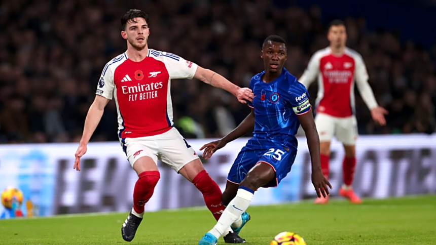 Declan Rice battles it out against Moses Caicedo in a premier League match between Arsenal and Chelsea (Photo Credit: Premier league via X)