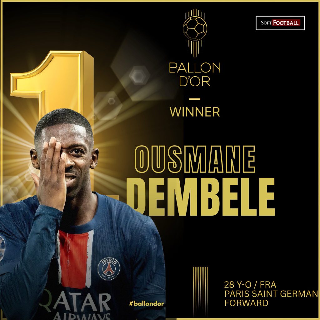 Ousmane Dembele wins the Ballon d'Or Award - Photo Credit : Softfootball Media