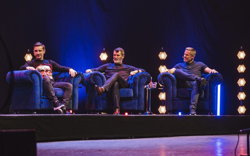Roy Keane alongside Gary Neville and Jamie Carragher on the overlap podcast tour (Photo Credit: The Overlap podcast facebook page)