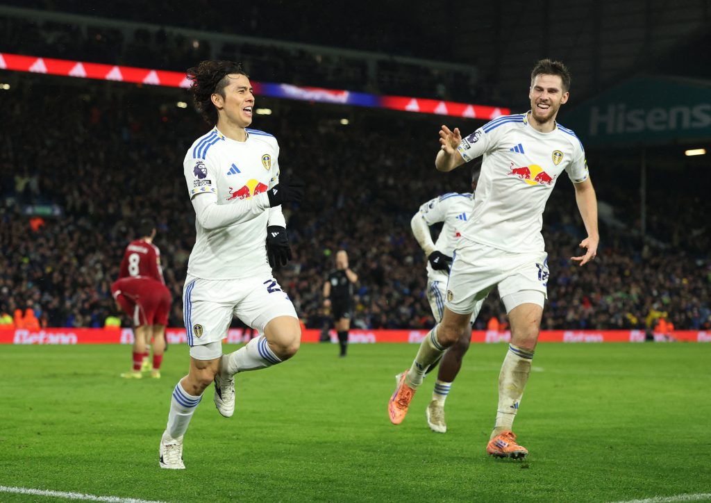 Ao Tanaka after equalizing late for Leeds united (Photo Credit: Premier league via X)