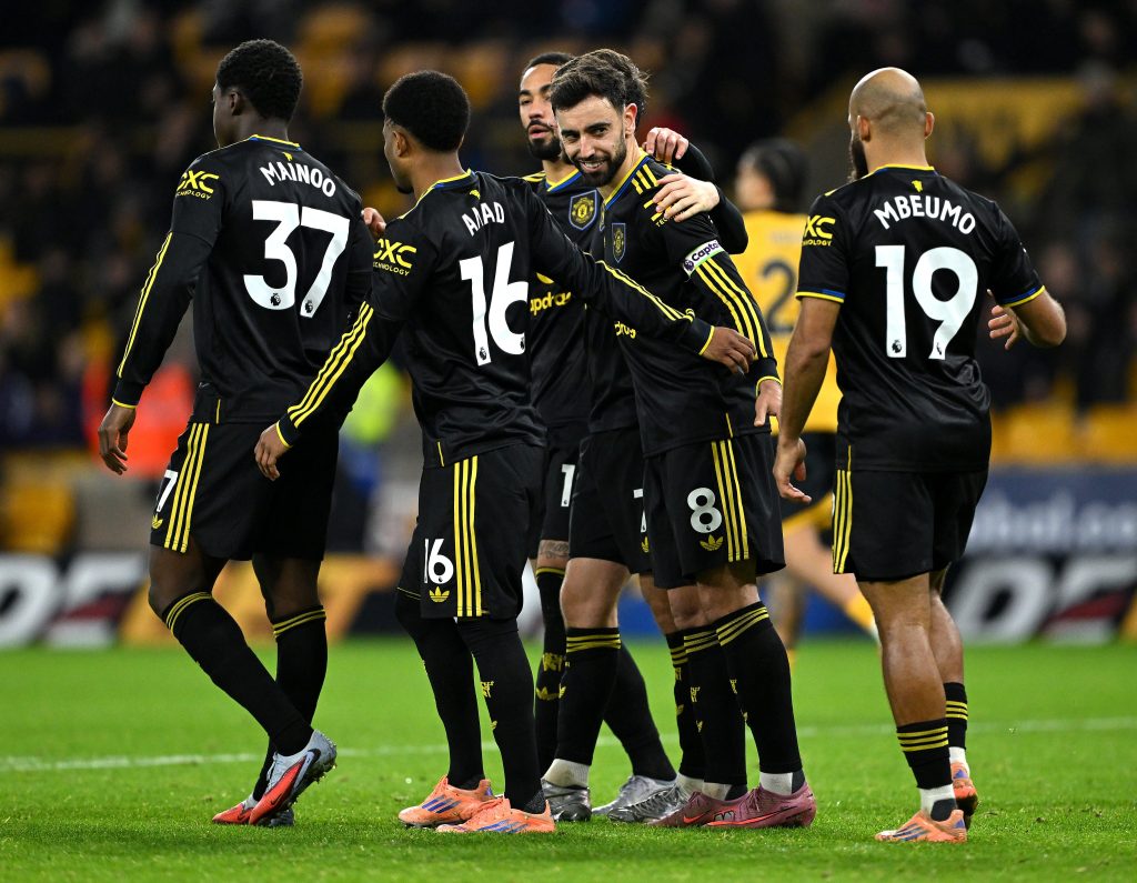 Manchester united players celebrate after scoring (Photo Credit: Manchester United via X)