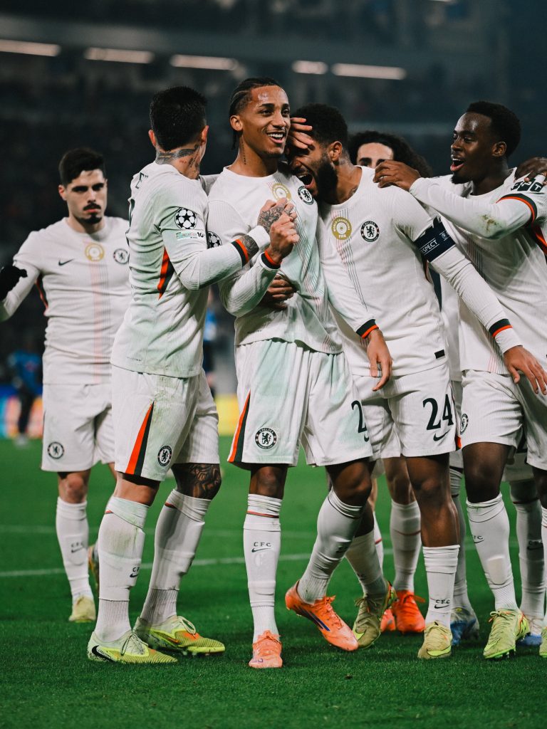 Joao Pedro celebrates with teammates after scoring for Chelsea (Photo Credit: Chelsea via X)