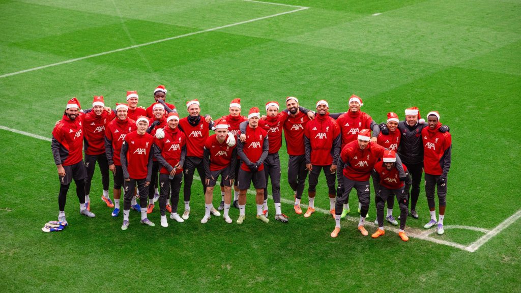Arne Slot and Liverpool players celebrate Christmas (Photo Credit: Liverpool via X)