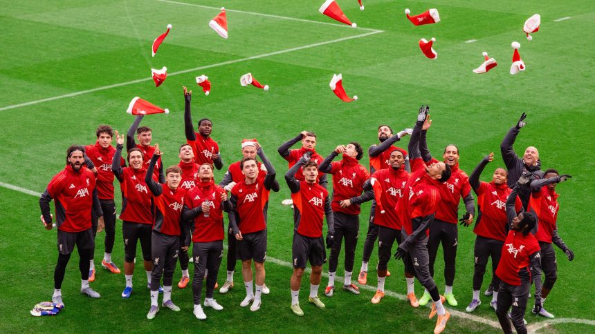 Arne Slot and Liverpool players celebrate Christmas (Photo Credit: Liverpool via X)