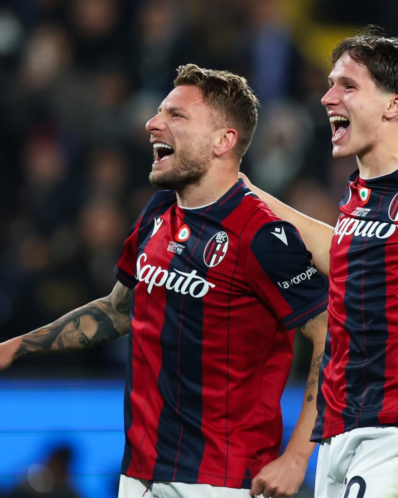 Ciro Immobile and a teammate celebrating (photo credit: Bologna Media via X)