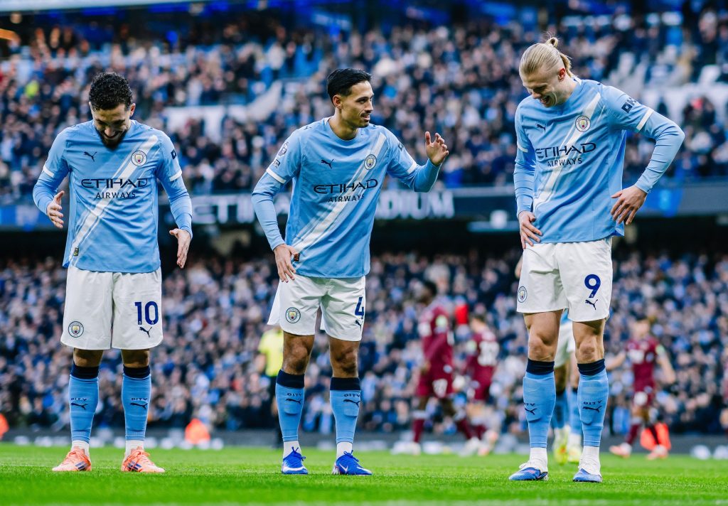 Man City players celebrate after scoring (Photo Credit: City via X)