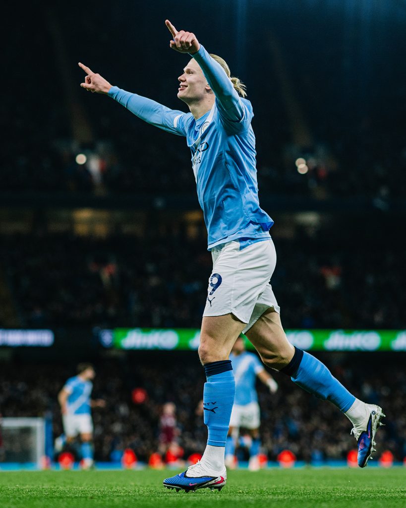 Erling Haaland Celebrates after scoring for Manchester City (Photo Credit: Manchester City via X)