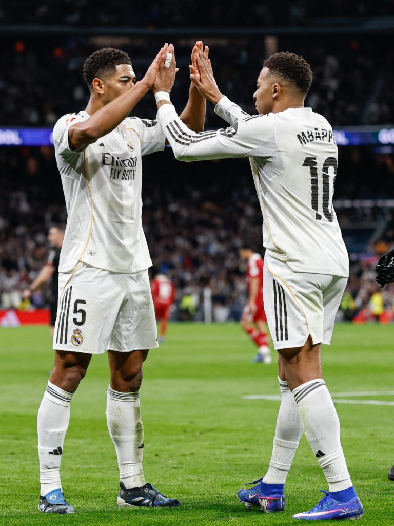 Jude Bellingham and Kylian Mbappe celebrate after scoring for Real Madrid (Photo Credit: Real Madrid via X)
