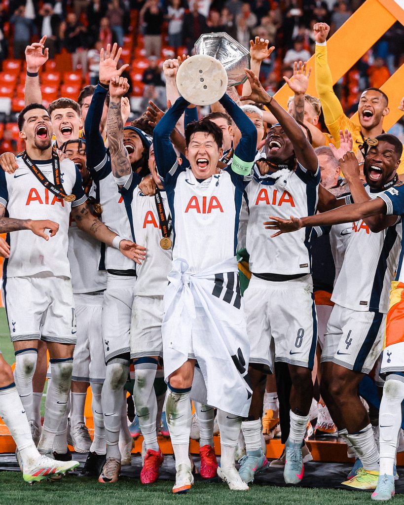 Tottenham players celebrating the Europa League trophy (Photo Credit: Tottenham Via X)