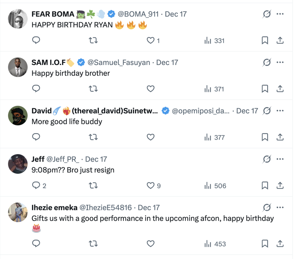 A snapshot of some fan messages shows how much Alebiosu is appreciated - Photo Credit : Super eagles X