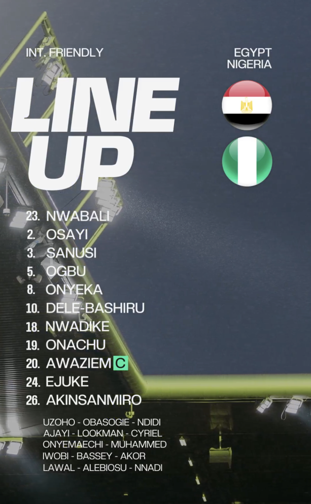 Super Eagles Name Starting XI for Egypt Friendly as Nwabali Retains Goalkeeper Role - Photo Credit : Super Eagles X
