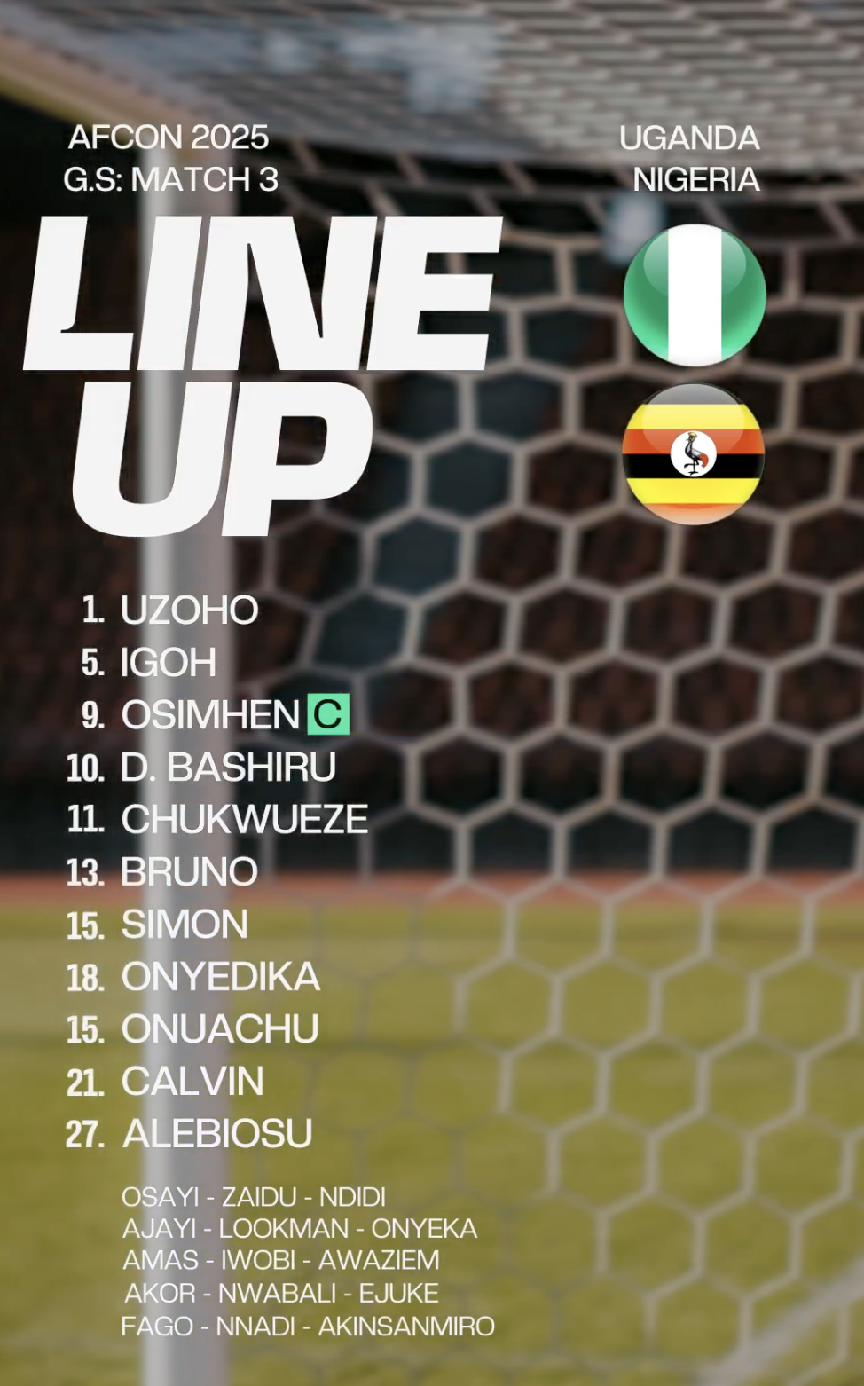 Super Eagles Name Starting XI for Uganda Clash as Osimhen Leads, Ndidi Benched - Photo Credit : Super Eagles, X