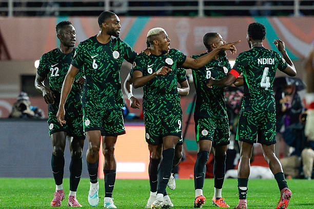 Nigeria players celebrate after Victor Osimhen scores(Photo Credit: CAF Media)