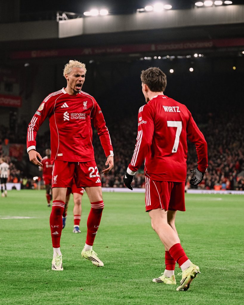 Hugo Ekitike celebrates with Florian Wirtz after scoring (Photo Credit: Liverpool via X)